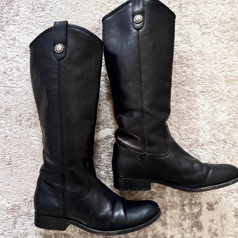 Frye Melissa Button Black Leather Riding Boots
